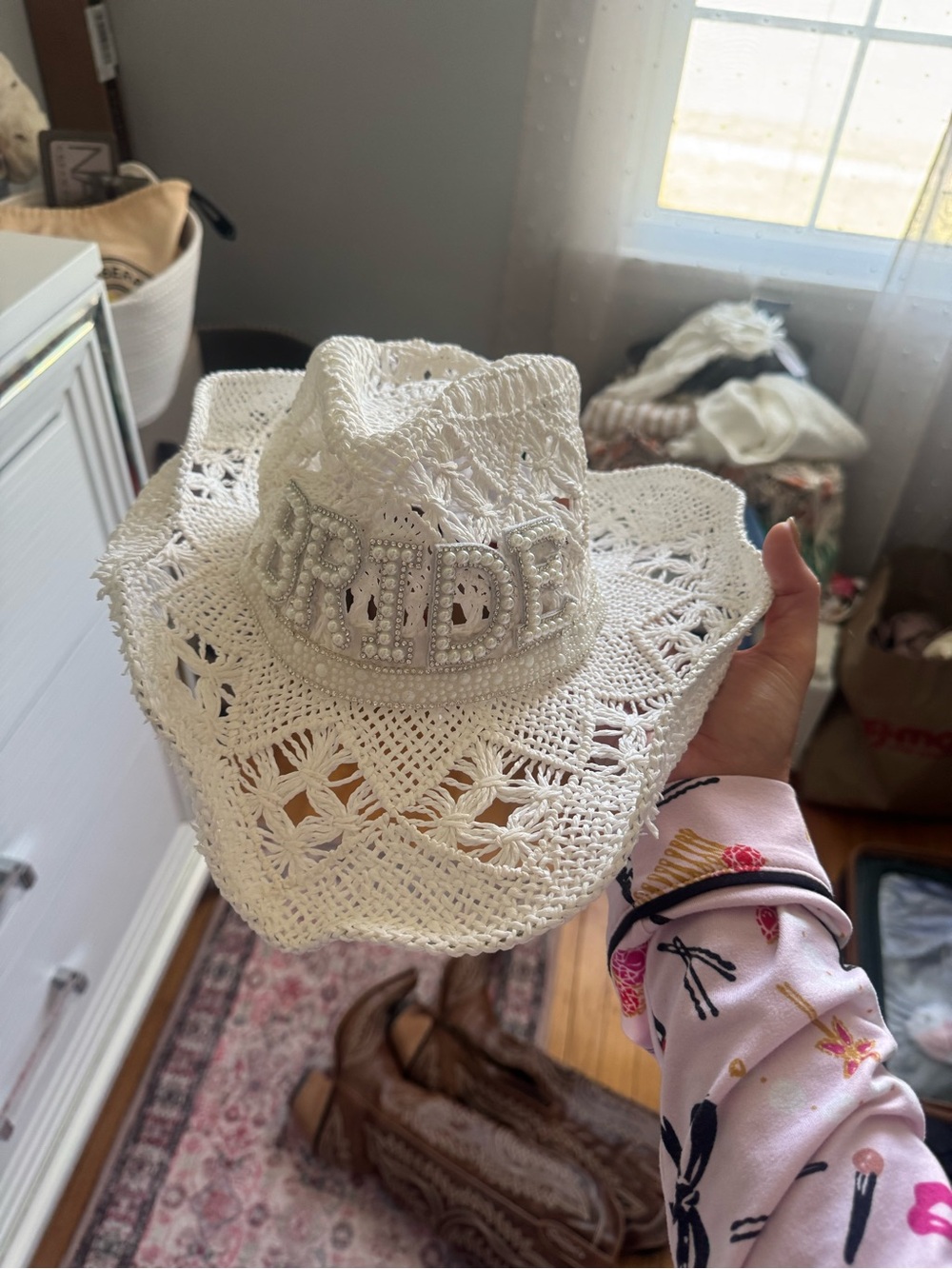White 'BRIDE' Crochet Cowboy Hat - Bridal Accessories